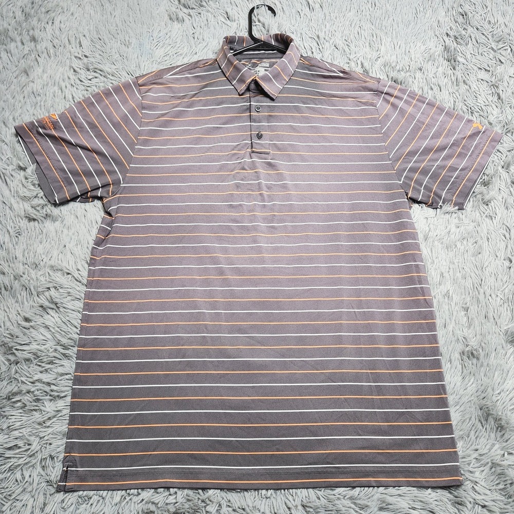 Under Armour HeatGear Golf Polo Mens XL Loose Gray Orange White Striped Shirt
